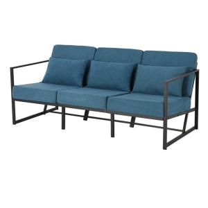 Gewatteerde fauteuil, bank, 3-zits, meerzitsbank, metalen frame, linnen, zachte zitting, elegante retro stoel voor woonkamer, receptie, café (blauw, 168 x 72 x 72 cm)