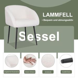 Loungestoel, gestoffeerd, lamswol, stoel met comfortabele poten, slaapkamerstoel, met armleuningen, maximaal gewicht 120 kg, wit