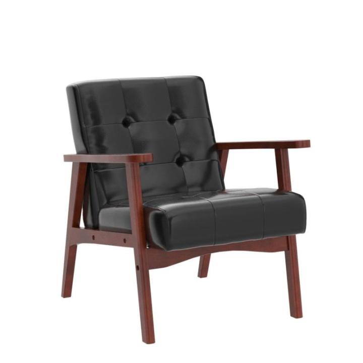 Retro houten stoel, stoel, stoel, woonkamer, loungestoel, gestoffeerde stoel met armleuningen, retro stoel, middeleeuws houten frame, designstoel van kunstleer en eiken, geschikt v