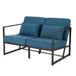 Bank 2-zits met armleuningen en rugleuningen, gestoffeerd, meerzitsbank, metalen frame, linnen, elegante retro stoel, vintage, voor woonkamer, receptie, café (blauw, 114 x 72 x 72