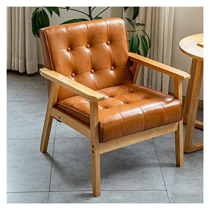 MidCentury Moderne retro vrijetijdsstoel met massief houten frame enkele sofa fauteuil in PU-lederen lounge leesclubstoel voor woonkamer/slaapkamer