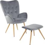 De -oorfauteuil met YORK-kruk, grijs, fluwelen hoes, comfortabel gestoffeerd, tv-fauteuil, gestoffeerde fauteuil
