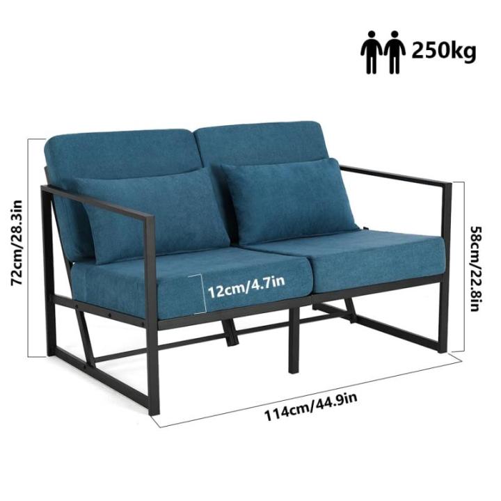 Bank 2-zits met armleuningen en rugleuningen, gestoffeerd, meerzitsbank, metalen frame, linnen, elegante retro stoel, vintage, voor woonkamer, receptie, café (blauw, 114 x 72 x 72
