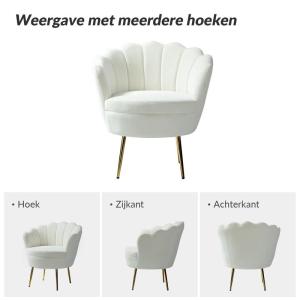 Fauteuil van fluweel met dikke rugleuning, moderne loungestoel met gouden poten, comfortabele armleuningstoel voor woonkamer, slaapkamer en eetkamerstoel, wit