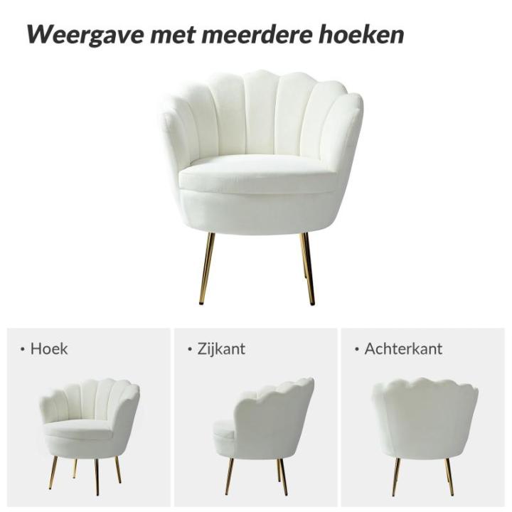 Fauteuil van fluweel met dikke rugleuning, moderne loungestoel met gouden poten, comfortabele armleuningstoel voor woonkamer, slaapkamer en eetkamerstoel, wit
