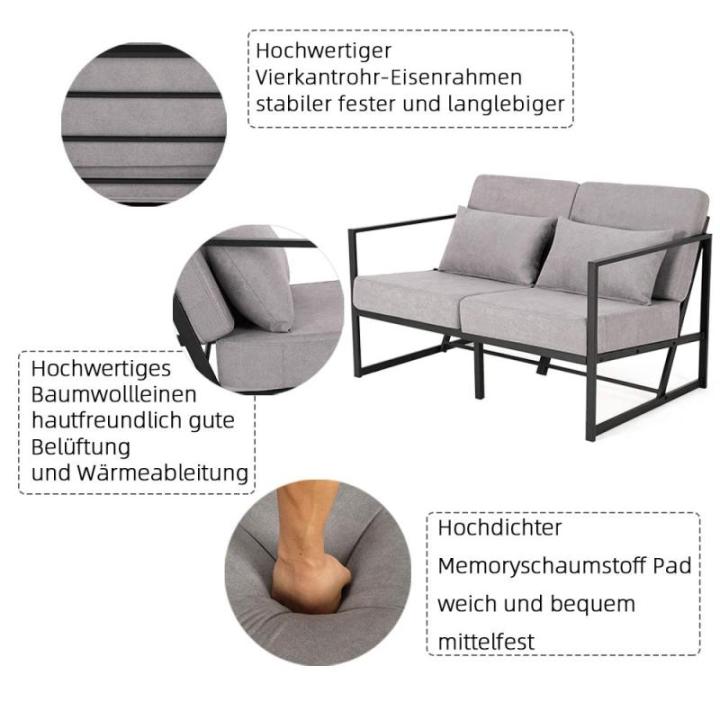 Bank 2-zits met armleuningen en rugleuningen, gestoffeerde fauteuil, meerzitsbank, metalen frame, linnen, elegante retro stoel, vintage, voor woonkamer, receptie, café (taupe, 114