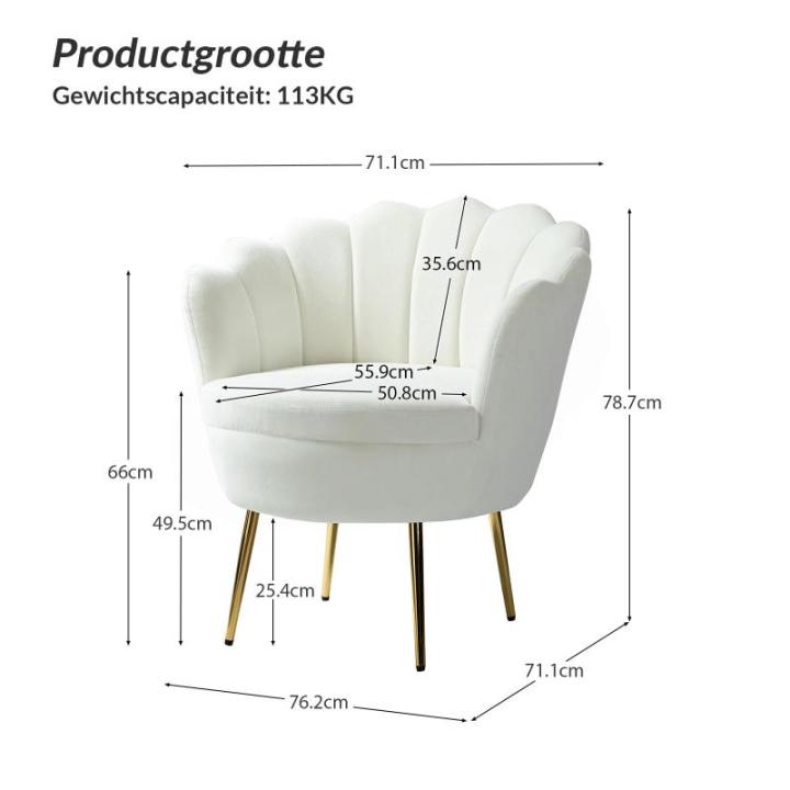 Fauteuil van fluweel met dikke rugleuning, moderne loungestoel met gouden poten, comfortabele armleuningstoel voor woonkamer, slaapkamer en eetkamerstoel, wit