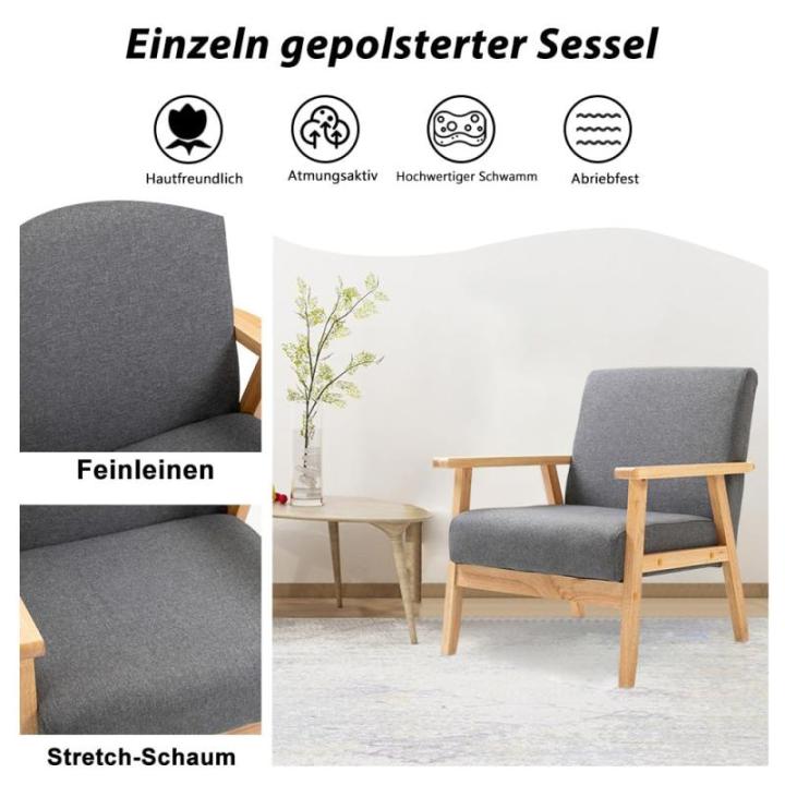 Set van 2 gestoffeerde stoelen van cocktailkuipstoel, enkele bank, elegante retro stoel, massief houten structuur voor woonkamerontvangst slaapkamer (grijs, 2)