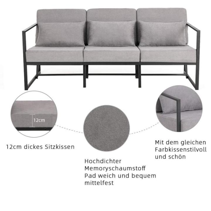 Gewatteerde fauteuil, bank, 3-zits, meerzitsbank, metalen frame, linnen, zachte zitting, elegante retro stoel voor woonkamer, receptie, café (taupe, 168 x 72 x 72 cm)