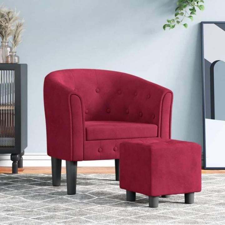 Kuipstoel met voetenbank fluweel wijnrood, fauteuil, relaxstoel, fauteuil stoel, relaxfauteuil, leesstoel, woonkamer stoel, lounge fauteuil