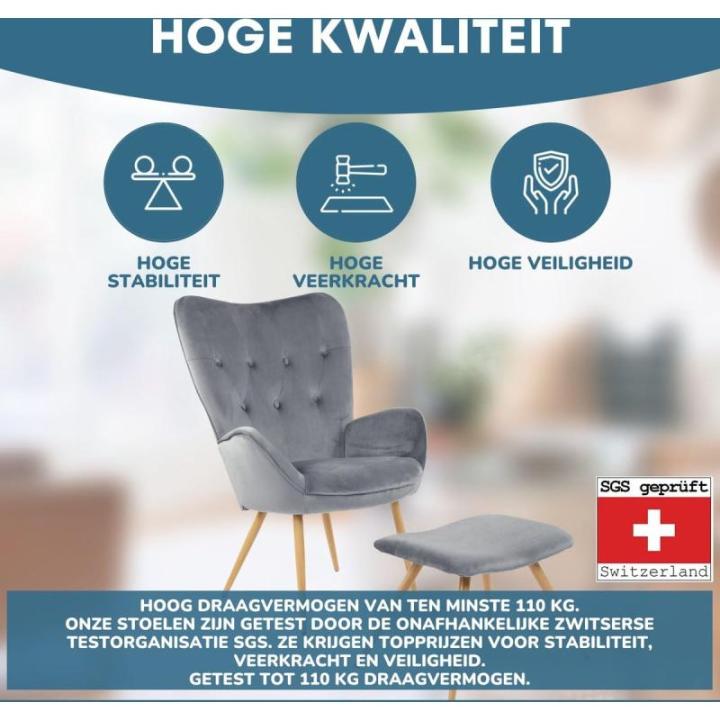 De -oorfauteuil met YORK-kruk, grijs, fluwelen hoes, comfortabel gestoffeerd, tv-fauteuil, gestoffeerde fauteuil