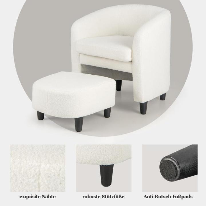 Fauteuil met voetenbank, gevoerde clubstoel met massief houten frame en antislip vilten kussens, accentstoel, relaxstoel voor woonkamer, slaapkamer (beige)