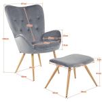 De -oorfauteuil met YORK-kruk, grijs, fluwelen hoes, comfortabel gestoffeerd, tv-fauteuil, gestoffeerde fauteuil