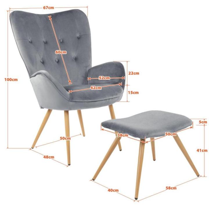 De -oorfauteuil met YORK-kruk, grijs, fluwelen hoes, comfortabel gestoffeerd, tv-fauteuil, gestoffeerde fauteuil