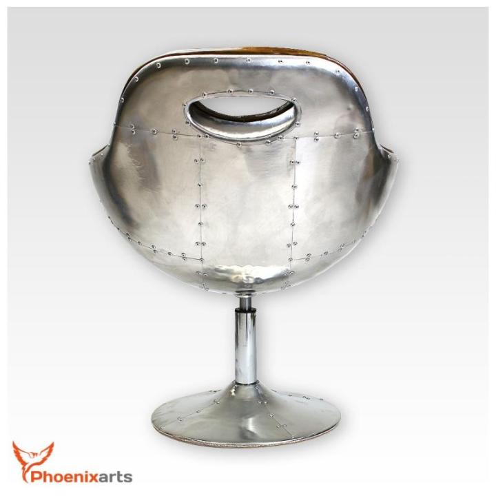 Vintage lederen schelpstoel, retro design lounge draaistoel, aluminium noppen, bruin 703