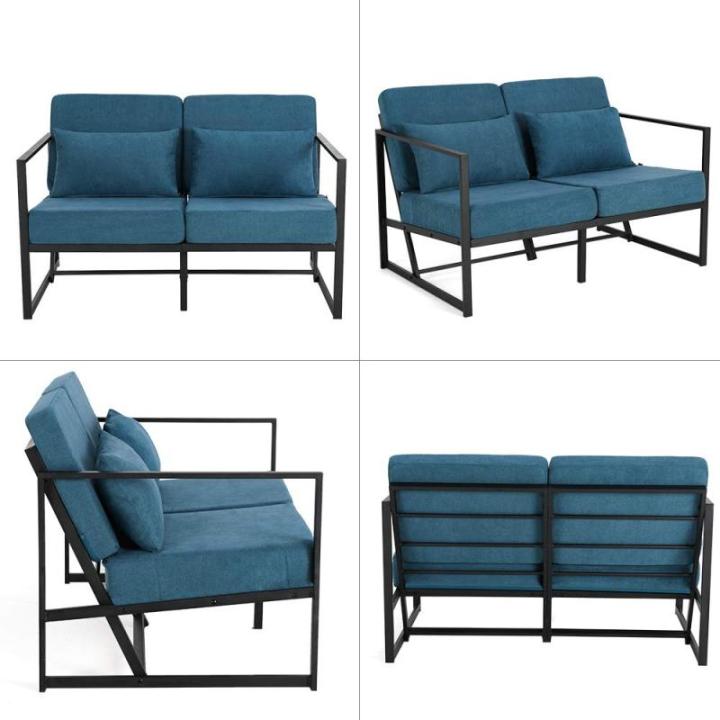 Bank 2-zits met armleuningen en rugleuningen, gestoffeerd, meerzitsbank, metalen frame, linnen, elegante retro stoel, vintage, voor woonkamer, receptie, café (blauw, 114 x 72 x 72