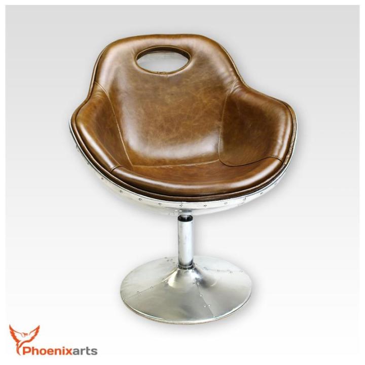 Vintage lederen schelpstoel, retro design lounge draaistoel, aluminium noppen, bruin 703