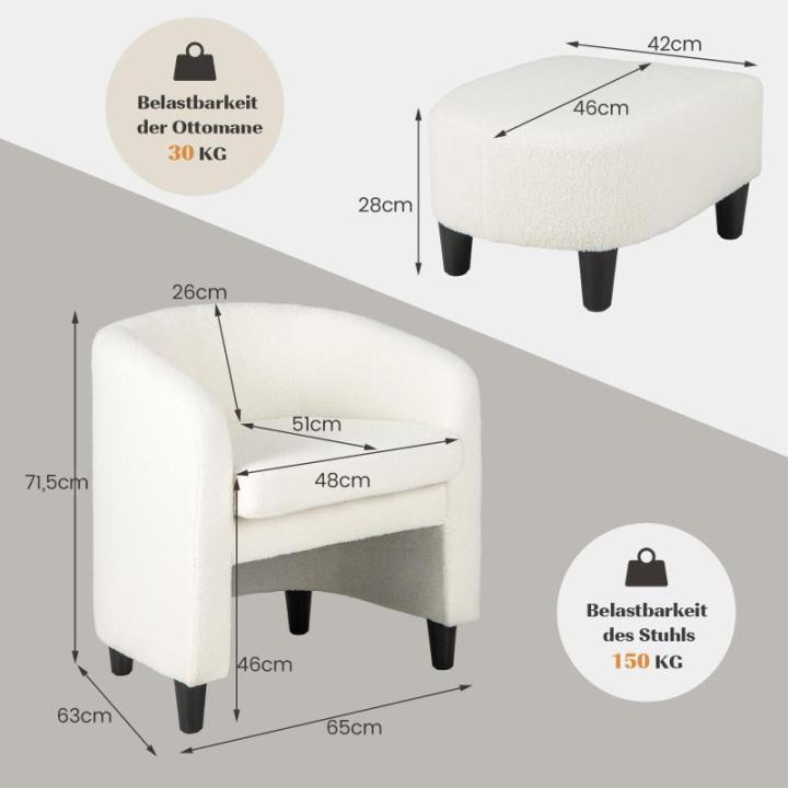 Fauteuil met voetenbank, gevoerde clubstoel met massief houten frame en antislip vilten kussens, accentstoel, relaxstoel voor woonkamer, slaapkamer (beige)