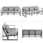 Gewatteerde fauteuil, bank, 3-zits, meerzitsbank, metalen frame, linnen, zachte zitting, elegante retro stoel voor woonkamer, receptie, café (taupe, 168 x 72 x 72 cm)