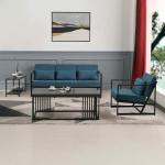 Gewatteerde fauteuil, bank, 3-zits, meerzitsbank, metalen frame, linnen, zachte zitting, elegante retro stoel voor woonkamer, receptie, café (blauw, 168 x 72 x 72 cm)