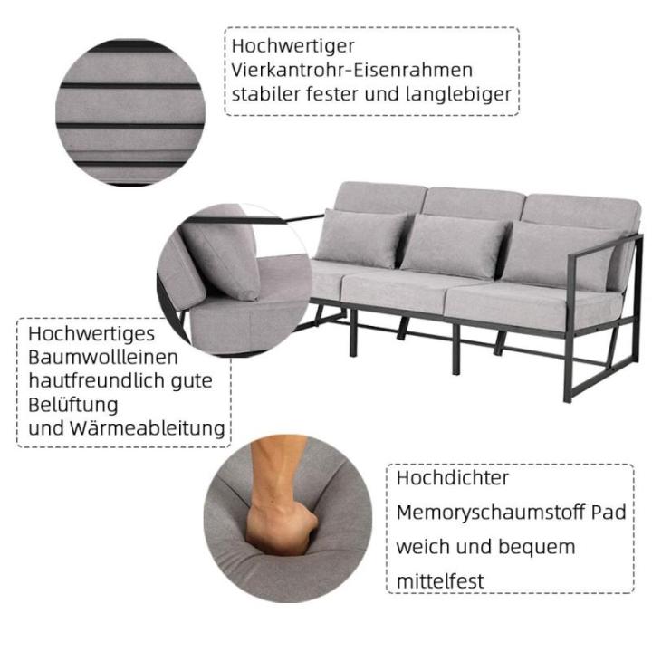 Gewatteerde fauteuil, bank, 3-zits, meerzitsbank, metalen frame, linnen, zachte zitting, elegante retro stoel voor woonkamer, receptie, café (taupe, 168 x 72 x 72 cm)