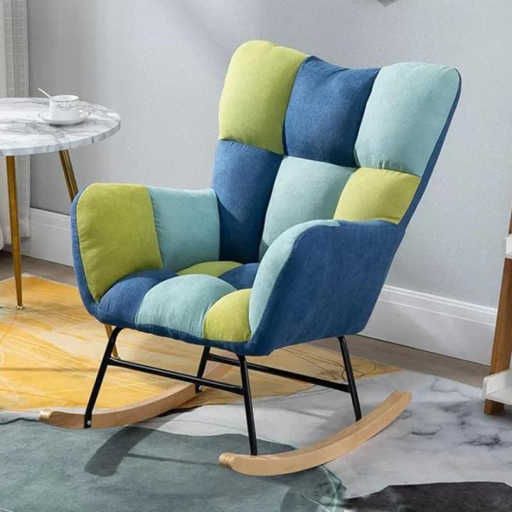 Fluwelen schommelstoel kinderkamer enkele bank stoel gestoffeerde met hoge rugleuning en armleuningen, kleine glijstoel voor kinderkamer, woonkamer (kleur: blauw-2)