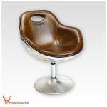 Vintage lederen schelpstoel, retro design lounge draaistoel, aluminium noppen, bruin 703