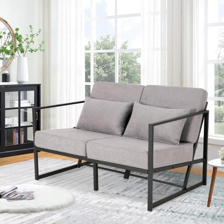 Bank 2-zits met armleuningen en rugleuningen, gestoffeerde fauteuil, meerzitsbank, metalen frame, linnen, elegante retro stoel, vintage, voor woonkamer, receptie, café (taupe, 114