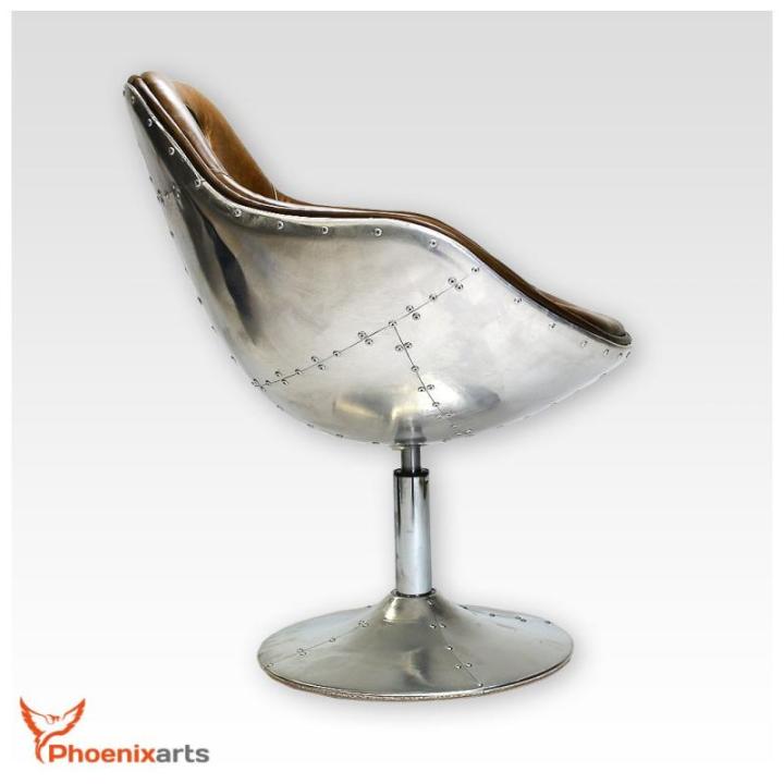 Vintage lederen schelpstoel, retro design lounge draaistoel, aluminium noppen, bruin 703