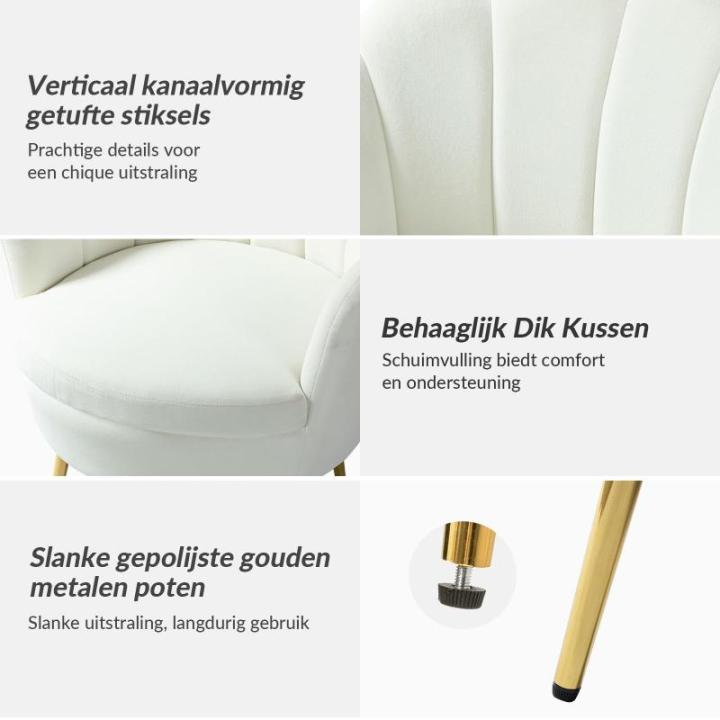 Fauteuil van fluweel met dikke rugleuning, moderne loungestoel met gouden poten, comfortabele armleuningstoel voor woonkamer, slaapkamer en eetkamerstoel, wit