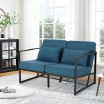 Bank 2-zits met armleuningen en rugleuningen, gestoffeerd, meerzitsbank, metalen frame, linnen, elegante retro stoel, vintage, voor woonkamer, receptie, café (blauw, 114 x 72 x 72