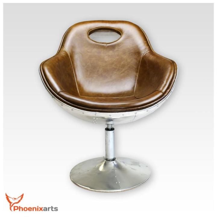Vintage lederen schelpstoel, retro design lounge draaistoel, aluminium noppen, bruin 703