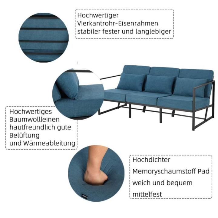 Gewatteerde fauteuil, bank, 3-zits, meerzitsbank, metalen frame, linnen, zachte zitting, elegante retro stoel voor woonkamer, receptie, café (blauw, 168 x 72 x 72 cm)