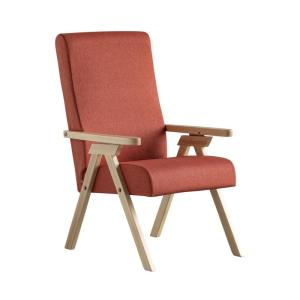 Stoel van hout Fiammta Relax, met ligfunctie, natuurlijke stof, oranje stof, verwijderbaar