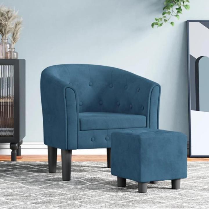 Kuipstoel met voetenbank fluweel donkerblauw, fauteuil, relaxstoel, fauteuil stoel, relaxfauteuil, leesstoel, woonkamer stoel, lounge fauteuil