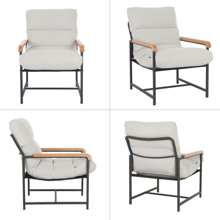 Fauteuil, woonkamer, stoffen gestoffeerde stoel, modern, metaal, loungestoel met houten armleuningen, stoel, katoen en linnen, relaxstoel voor slaapkamer, wit