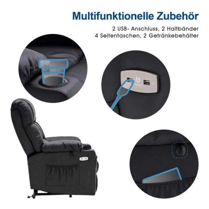 MCombo 7546 Elektrische opstahulp, relaxstoel met 3 motoren, afzonderlijk verstelbaar, ligpositie tot 165 graden (zwart)