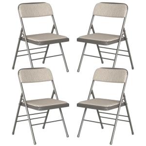 Set van 4 klapstoelen, gestoffeerd, beige-grijs gestreepte klapstoelen met metalen frame, klapstoel van stof, campingstoel, klapstoel, balkon, tuin, stoelen, vouwstoel voor gasten 