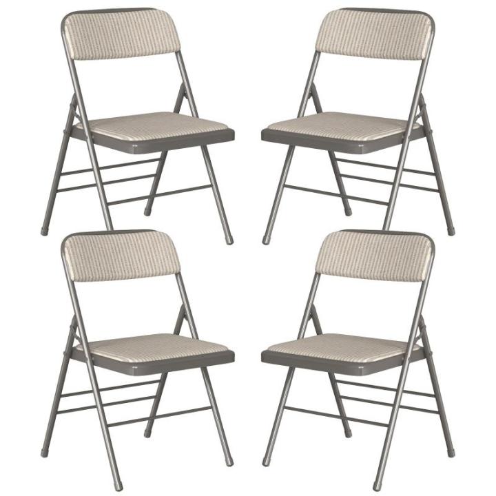 Set van 4 klapstoelen, gestoffeerd, beige-grijs gestreepte klapstoelen met metalen frame, klapstoel van stof, campingstoel, klapstoel, balkon, tuin, stoelen, vouwstoel voor gasten 