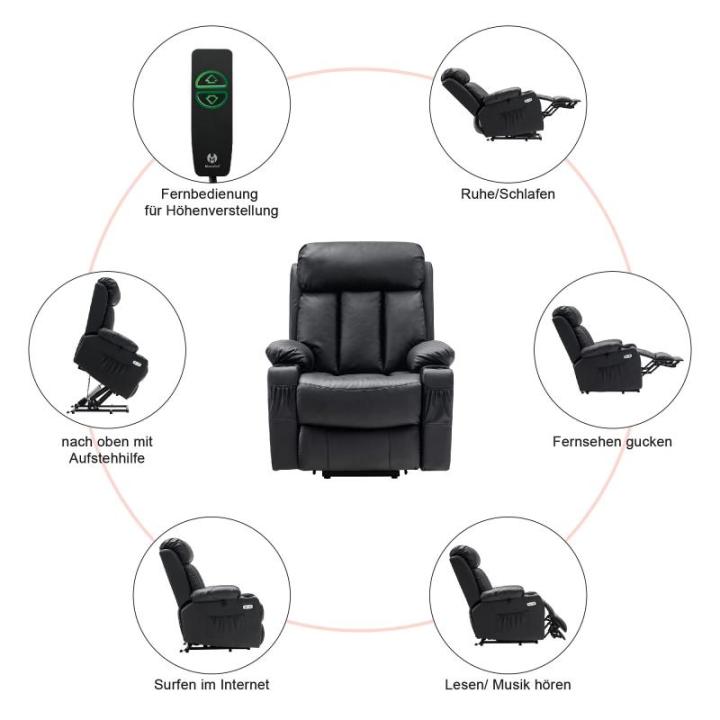 Relaxstoel met opstahulp en ligfunctie 7190, televisiestoel, elektrisch verstelbaar, voor senioren, woonkamer, USB, contactoppervlak van rundleer (zwart echt leer + kunstleer)