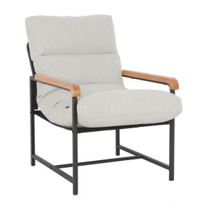 Fauteuil, woonkamer, stoffen gestoffeerde stoel, modern, metaal, loungestoel met houten armleuningen, stoel, katoen en linnen, relaxstoel voor slaapkamer, wit
