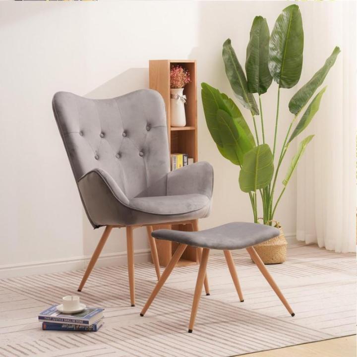 De -oorfauteuil met YORK-kruk, grijs, fluwelen hoes, comfortabel gestoffeerd, tv-fauteuil, gestoffeerde fauteuil