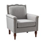 Moderne accentstoel met golvende rugleuning, comfortabele gestoffeerde fauteuil met retro houten poten en spijkerkopversiering voor woonkamer, lichtgrijs