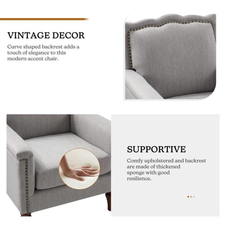 Moderne accentstoel met golvende rugleuning, comfortabele gestoffeerde fauteuil met retro houten poten en spijkerkopversiering voor woonkamer, lichtgrijs