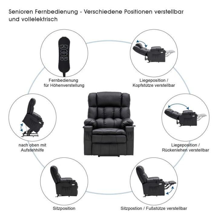 MCombo 7546 Elektrische opstahulp, relaxstoel met 3 motoren, afzonderlijk verstelbaar, ligpositie tot 165 graden (zwart)