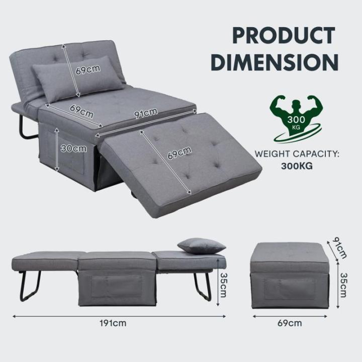 Fauteuil met kruk, slaapstoel, inklapbaar met bedfunctie, met slaapfunctie, om te zetten stoel, bed, uitschuifbare slaapstoel, belastbaar tot 300 kg, grijs, 91 x 69 x 35 cm