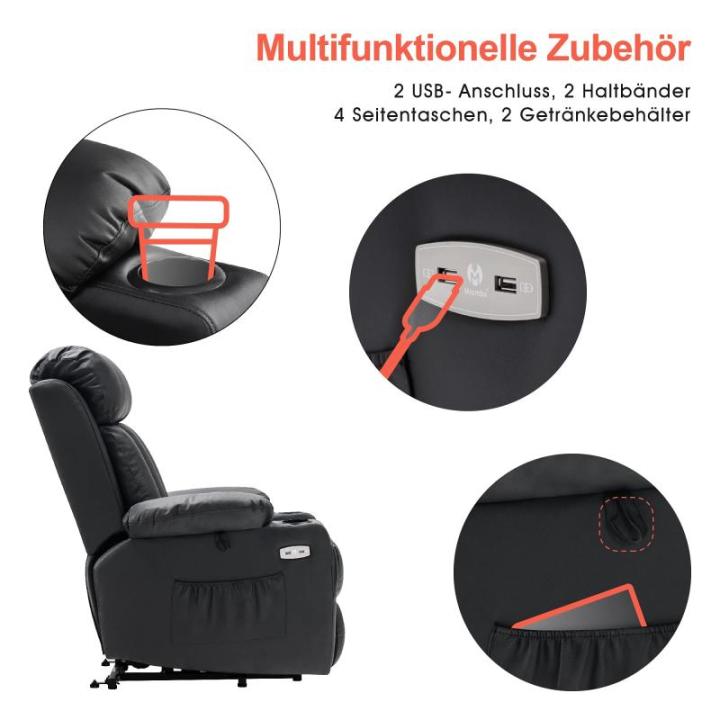 Relaxstoel met opstahulp en ligfunctie 7190, televisiestoel, elektrisch verstelbaar, voor senioren, woonkamer, USB, contactoppervlak van rundleer (zwart echt leer + kunstleer)
