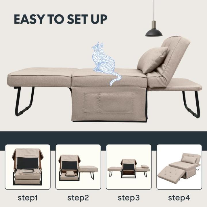 Fauteuil met kruk, slaapstoel, inklapbaar met bedfunctie, met slaapfunctie, om te zetten stoel, bed, uitschuifbare slaapstoel, belastbaar tot 300 kg, beige, 91 x 69 x 35 cm