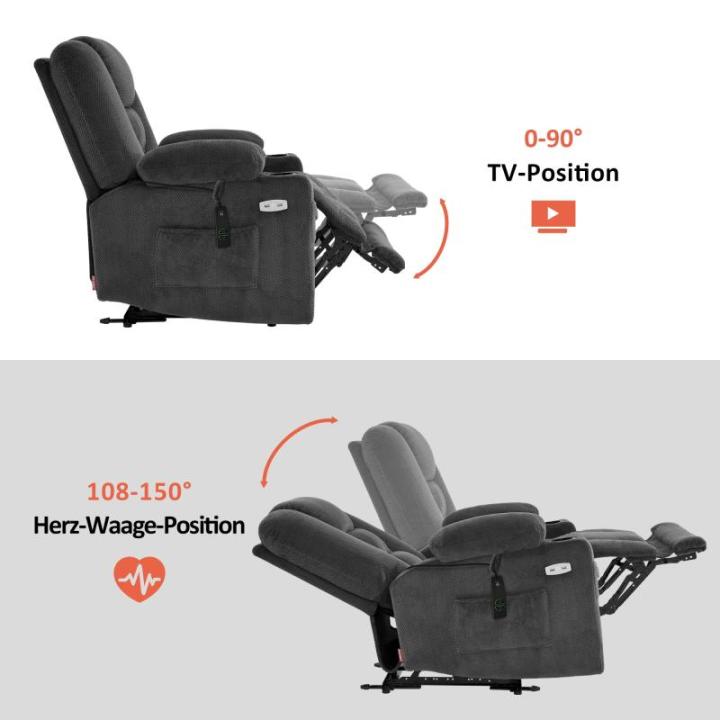 Televisiestoel, elektrisch verstelbaar, relaxstoel met ligfunctie, tv-stoel met massage en warmtefunctie, USB en bekerhouder, woonkamer (stof, donkergrijs)