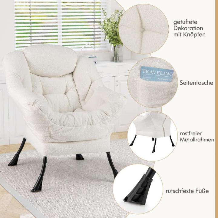 Fauteuil, gestoffeerd, relaxstoel met armleuningen en zijzak, loungestoel, televisiestoel, oorfauteuil voor woonkamer, slaapkamer, kantoor (beige)